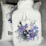 skull purple roses white/purple velvet cushion hot water bottle