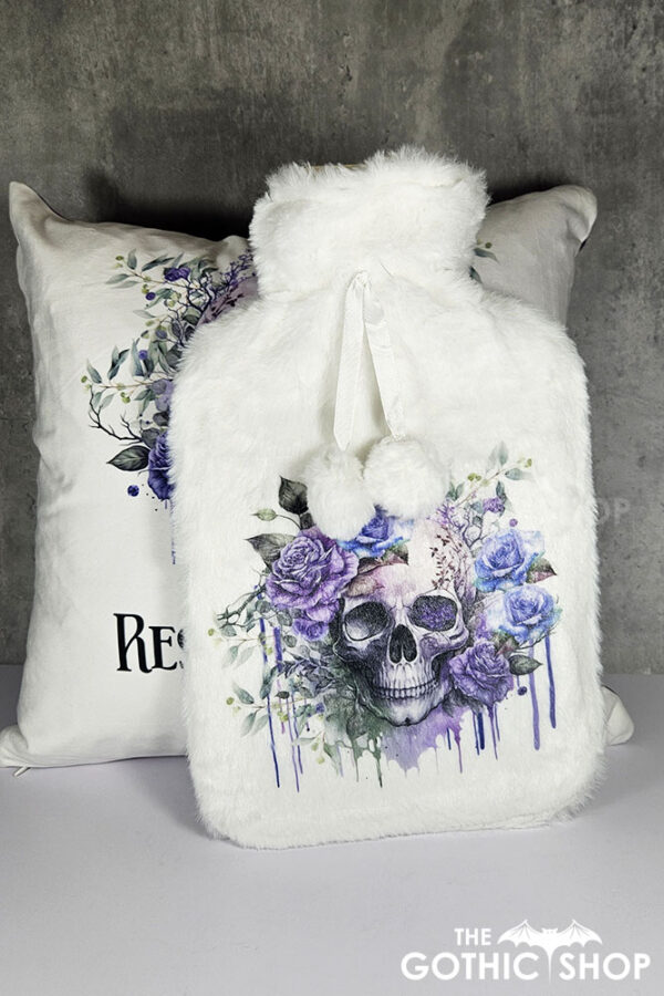 skull purple roses white/purple velvet cushion hot water bottle