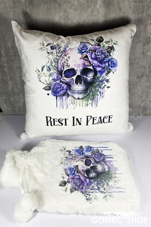 skull purple roses white/purple velvet cushion and hot water bottle