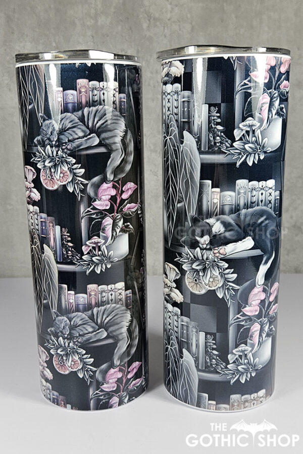 cottagecore bookshelves mushrooms and black/grey tabby cat gothic 20oz straight tumbler
