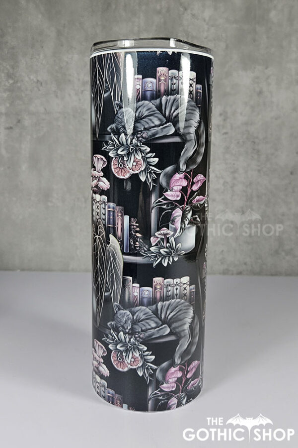 cottagecore bookshelves mushrooms and black/grey tabby cat gothic 20oz straight tumbler