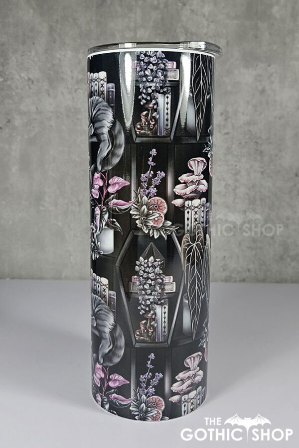 cottagecore bookshelves mushrooms and black/grey tabby cat gothic 20oz straight tumbler