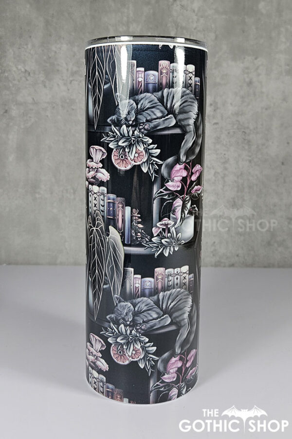 cottagecore bookshelves mushrooms and black/grey tabby cat gothic 20oz straight tumbler