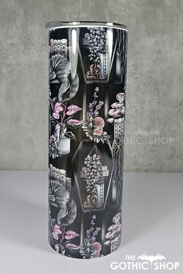 cottagecore bookshelves mushrooms and black/grey tabby cat gothic 20oz straight tumbler