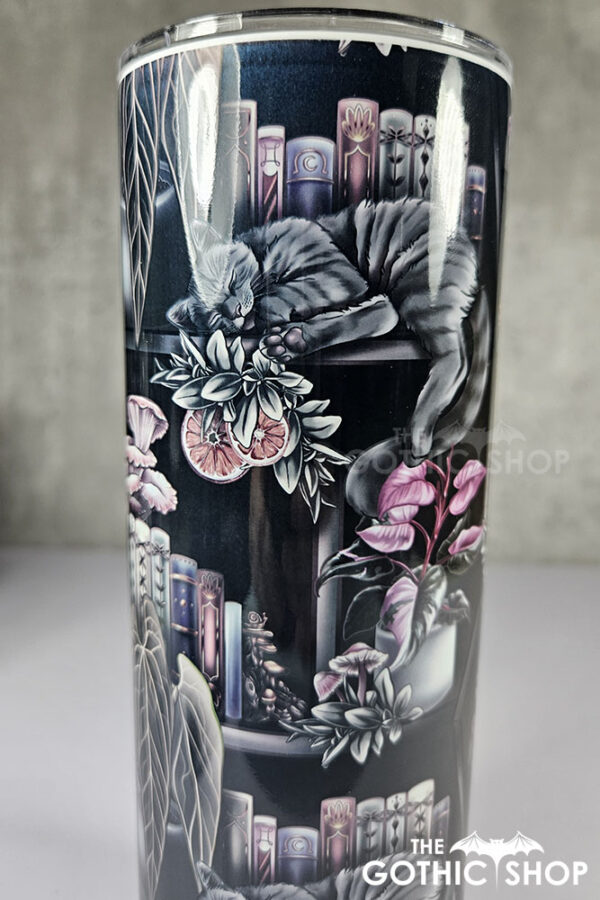 cottagecore bookshelves mushrooms and black/grey tabby cat gothic 20oz straight tumbler