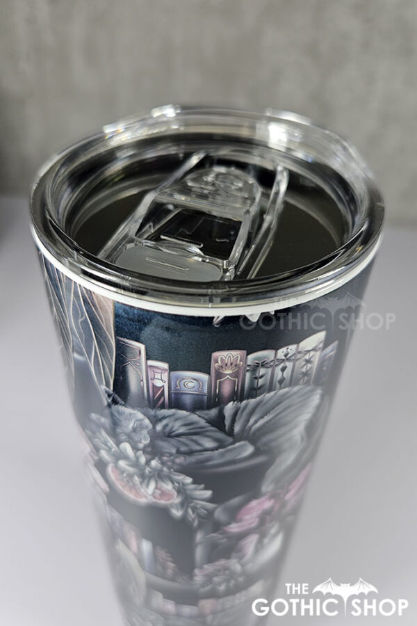 cottagecore bookshelves mushrooms and black/grey tabby cat gothic 20oz straight tumbler