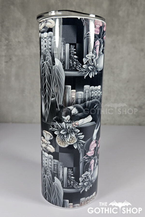 cottagecore bookshelves mushrooms and black/white cat gothic 20oz straight tumbler