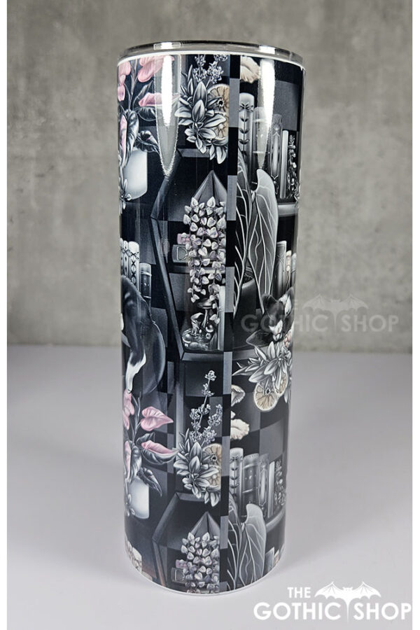 cottagecore bookshelves mushrooms and black/white cat gothic 20oz straight tumbler
