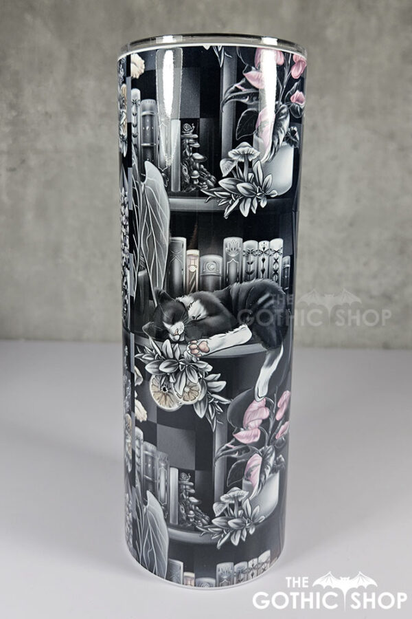 cottagecore bookshelves mushrooms and black/white cat gothic 20oz straight tumbler