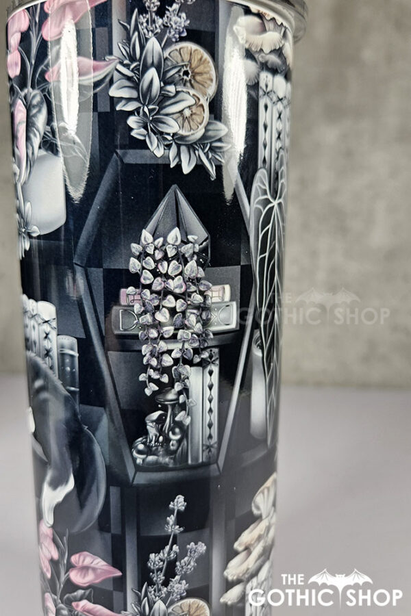 cottagecore bookshelves mushrooms and black/white cat gothic 20oz straight tumbler