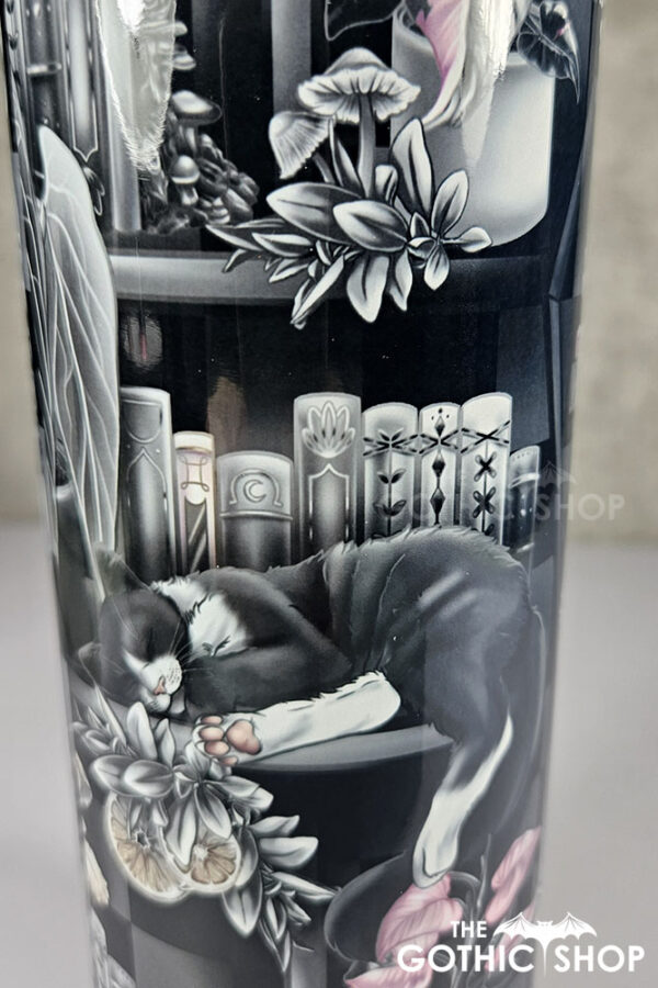 cottagecore bookshelves mushrooms and black/white cat gothic 20oz straight tumbler