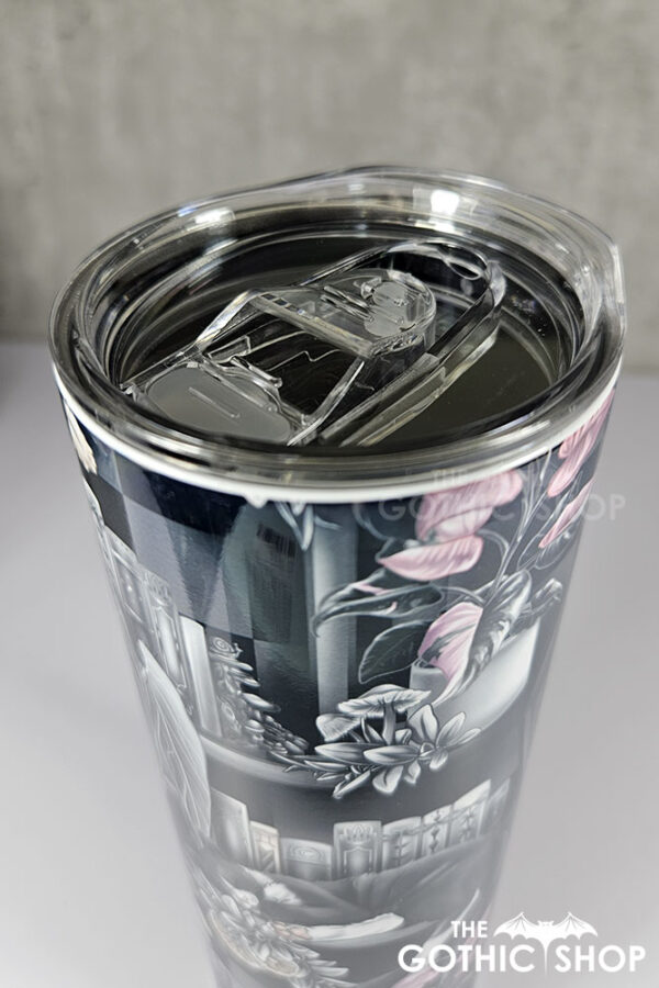 cottagecore bookshelves mushrooms and black/white cat gothic 20oz straight tumbler