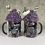 cottagecore bookshelves mushrooms and black/grey tabby cat ceramic mug
