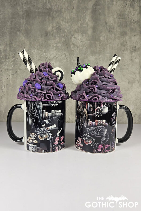 cottagecore bookshelves mushrooms and black/grey tabby cat ceramic mug
