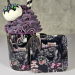 cottagecore bookshelves mushrooms and black/grey tabby cat ceramic mug