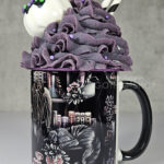 cottagecore bookshelves mushrooms and black/grey tabby cat ceramic mug