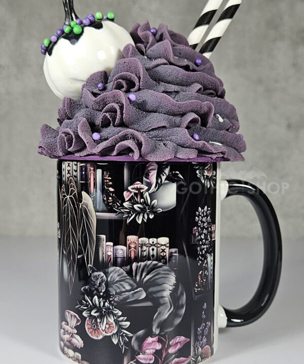 cottagecore bookshelves mushrooms and black/grey tabby cat ceramic mug