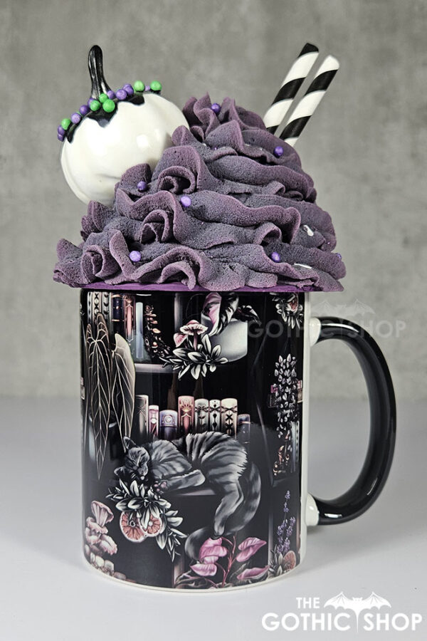 cottagecore bookshelves mushrooms and black/grey tabby cat ceramic mug