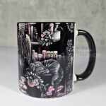 cottagecore bookshelves mushrooms and black/grey tabby cat ceramic mug