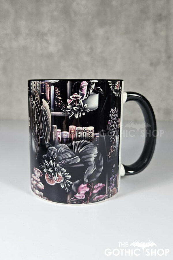 cottagecore bookshelves mushrooms and black/grey tabby cat ceramic mug