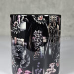 cottagecore bookshelves mushrooms and black/grey tabby cat ceramic mug