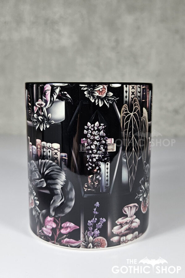 cottagecore bookshelves mushrooms and black/grey tabby cat ceramic mug