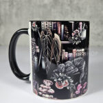 cottagecore bookshelves mushrooms and black/grey tabby cat ceramic mug