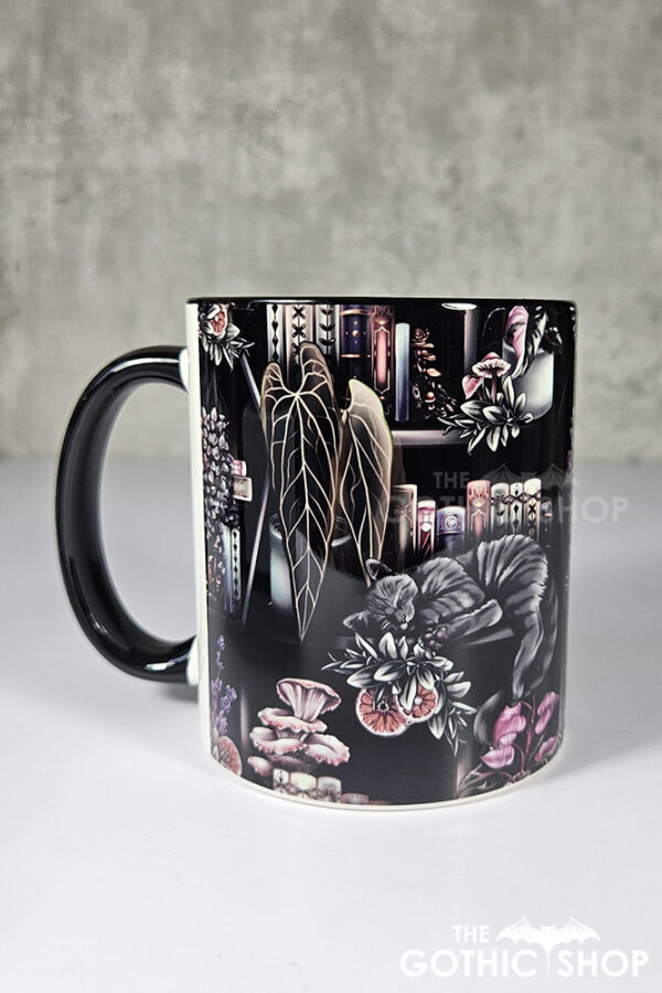 cottagecore bookshelves mushrooms and black/grey tabby cat ceramic mug
