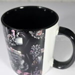 cottagecore bookshelves mushrooms and black/grey tabby cat ceramic mug