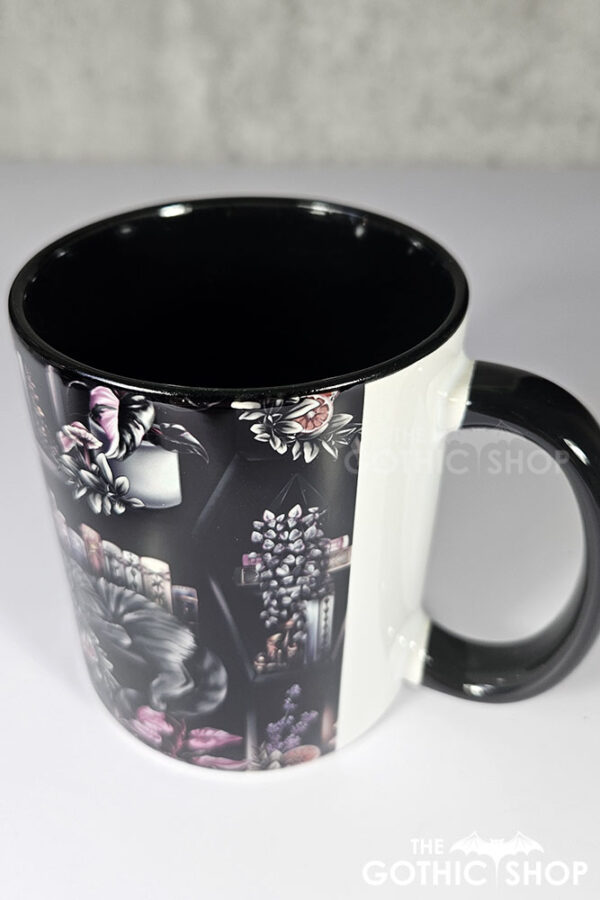 cottagecore bookshelves mushrooms and black/grey tabby cat ceramic mug
