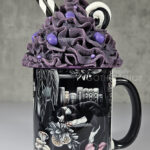cottagecore bookshelves mushrooms and black/white cat ceramic mug