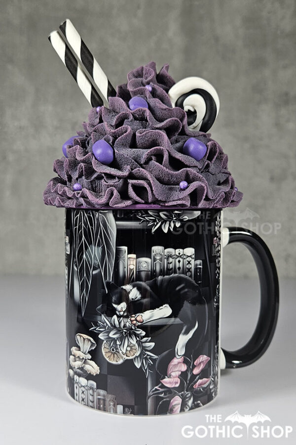 cottagecore bookshelves mushrooms and black/white cat ceramic mug
