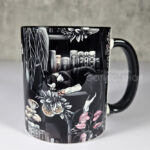 cottagecore bookshelves mushrooms and black/white cat ceramic mug