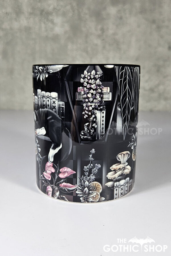 cottagecore bookshelves mushrooms and black/white cat ceramic mug