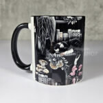 cottagecore bookshelves mushrooms and black/white cat ceramic mug