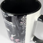 cottagecore bookshelves mushrooms and black/white cat ceramic mug