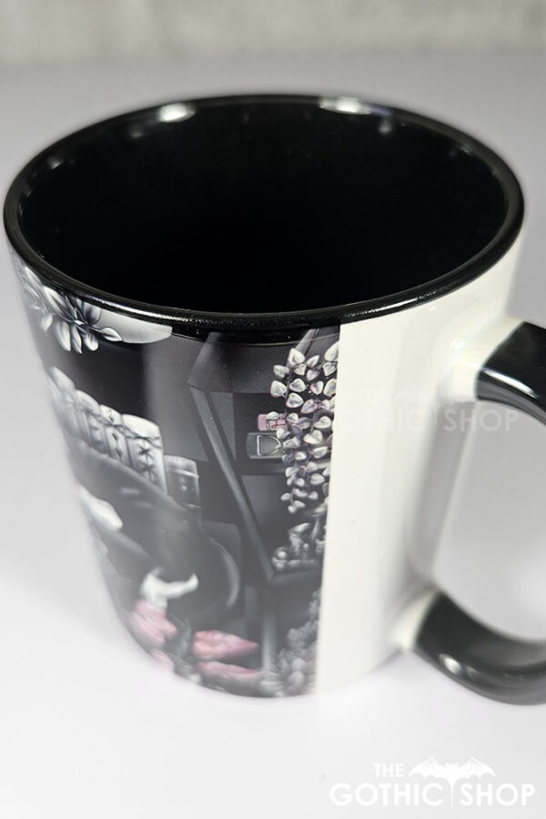 cottagecore bookshelves mushrooms and black/white cat ceramic mug