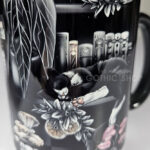 cottagecore bookshelves mushrooms and black/white cat ceramic mug