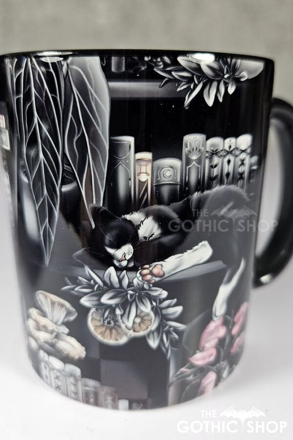 cottagecore bookshelves mushrooms and black/white cat ceramic mug