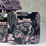 cottagecore bookshelves mushrooms and black/grey tabby cat square glossy coaster (copy)