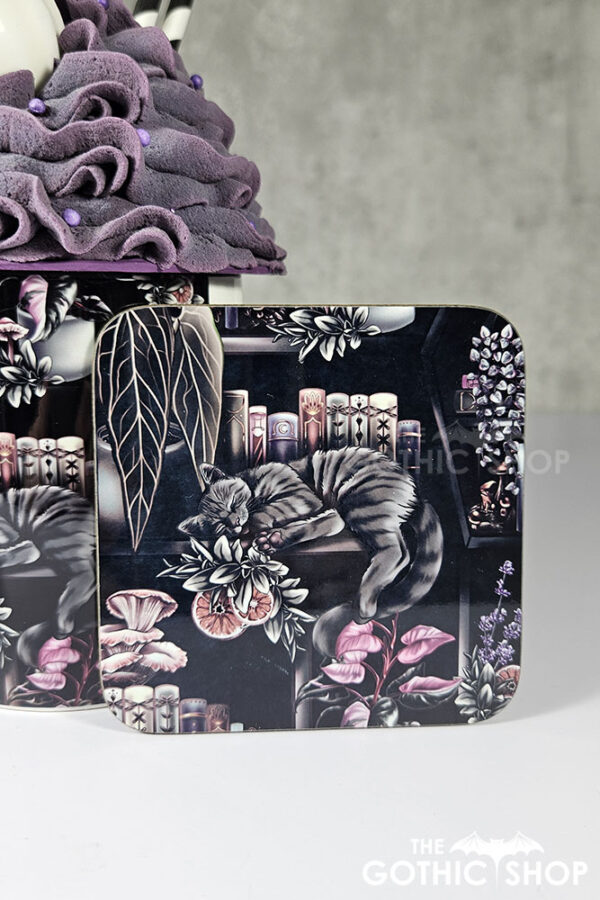 cottagecore bookshelves mushrooms and black/grey tabby cat square glossy coaster (copy)