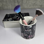 cottagecore bookshelves mushrooms and black/grey tabby cat pen or makeup brush pot (copy)