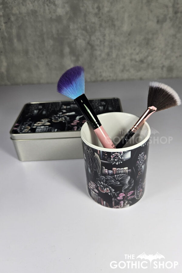 cottagecore bookshelves mushrooms and black/grey tabby cat pen or makeup brush pot (copy)