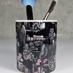 cottagecore bookshelves mushrooms and black/grey tabby cat pen or makeup brush pot (copy)