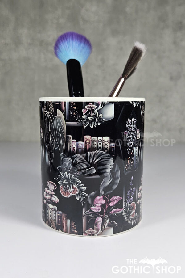 cottagecore bookshelves mushrooms and black/grey tabby cat pen or makeup brush pot (copy)