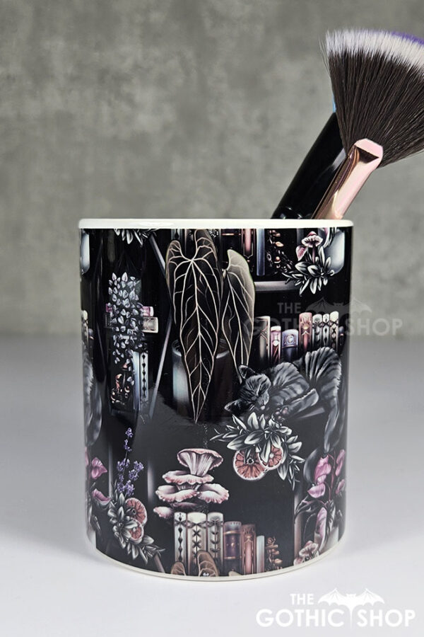 cottagecore bookshelves mushrooms and black/grey tabby cat pen or makeup brush pot (copy)