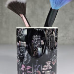 cottagecore bookshelves mushrooms and black/grey tabby cat pen or makeup brush pot (copy)