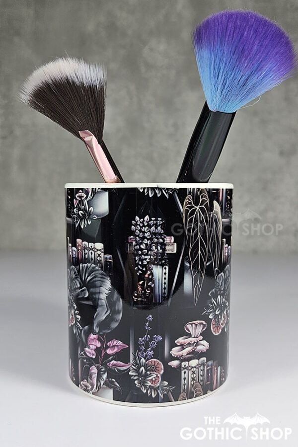 cottagecore bookshelves mushrooms and black/grey tabby cat pen or makeup brush pot (copy)