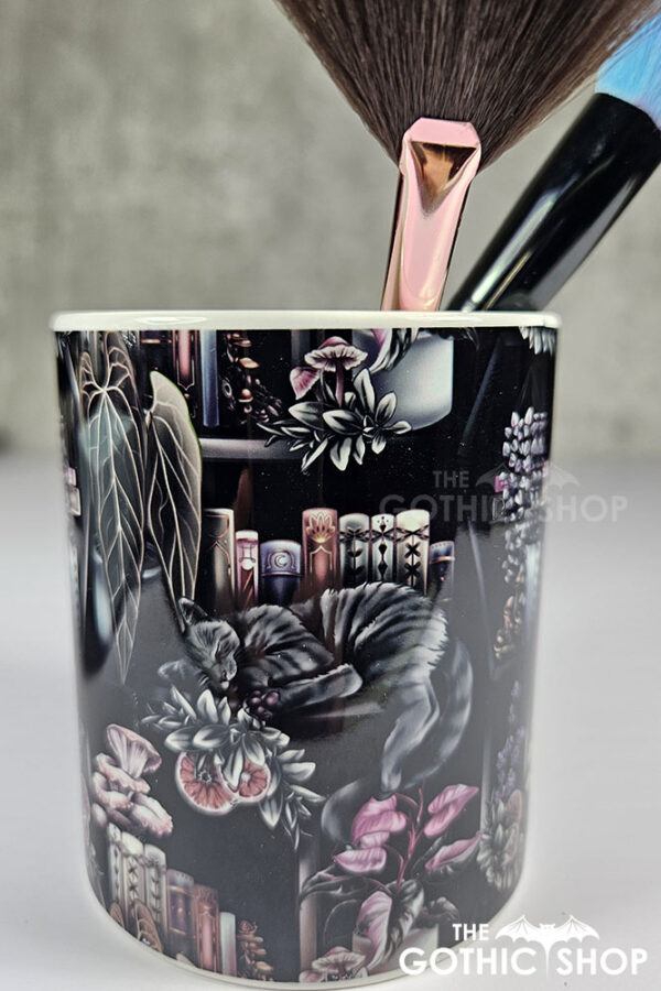 cottagecore bookshelves mushrooms and black/grey tabby cat pen or makeup brush pot (copy)