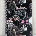 cottagecore bookshelves mushrooms and black/grey tabby cat a5 notebook journal (copy)